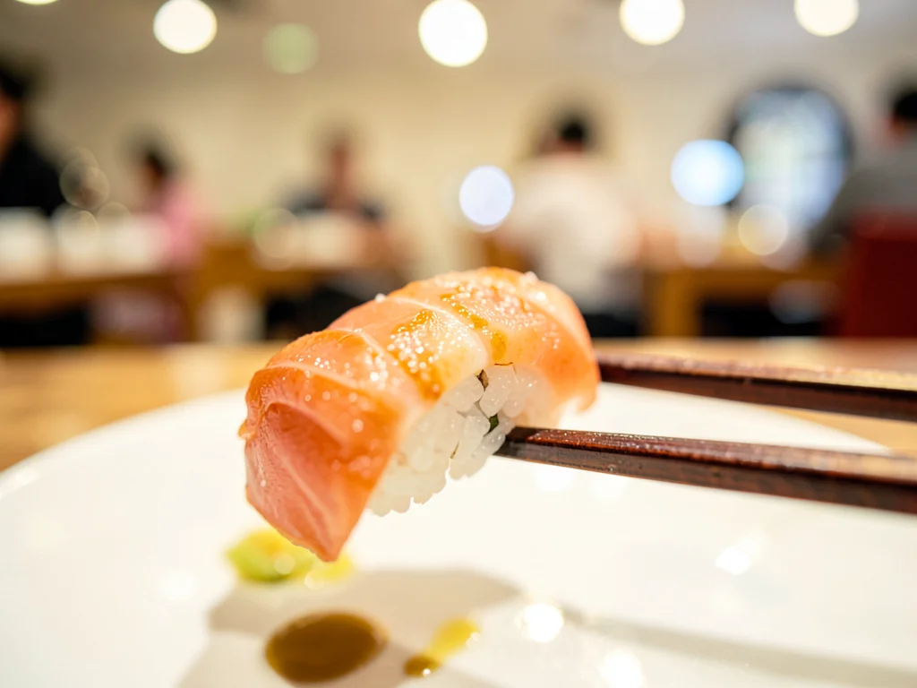 Sushi piece on chopsticks, restaurant behind cream