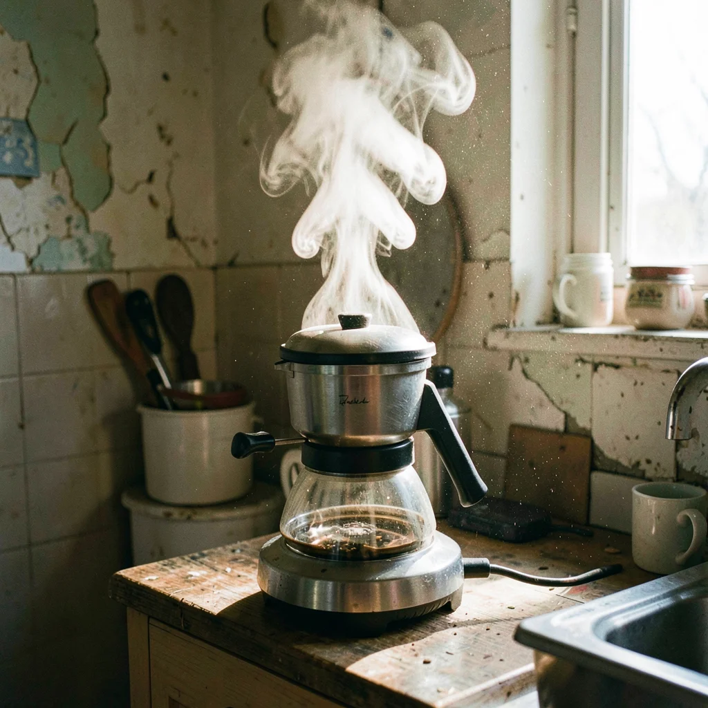 Steam rising from a stovetop espresso maker in a cramped kitchen, morning light 