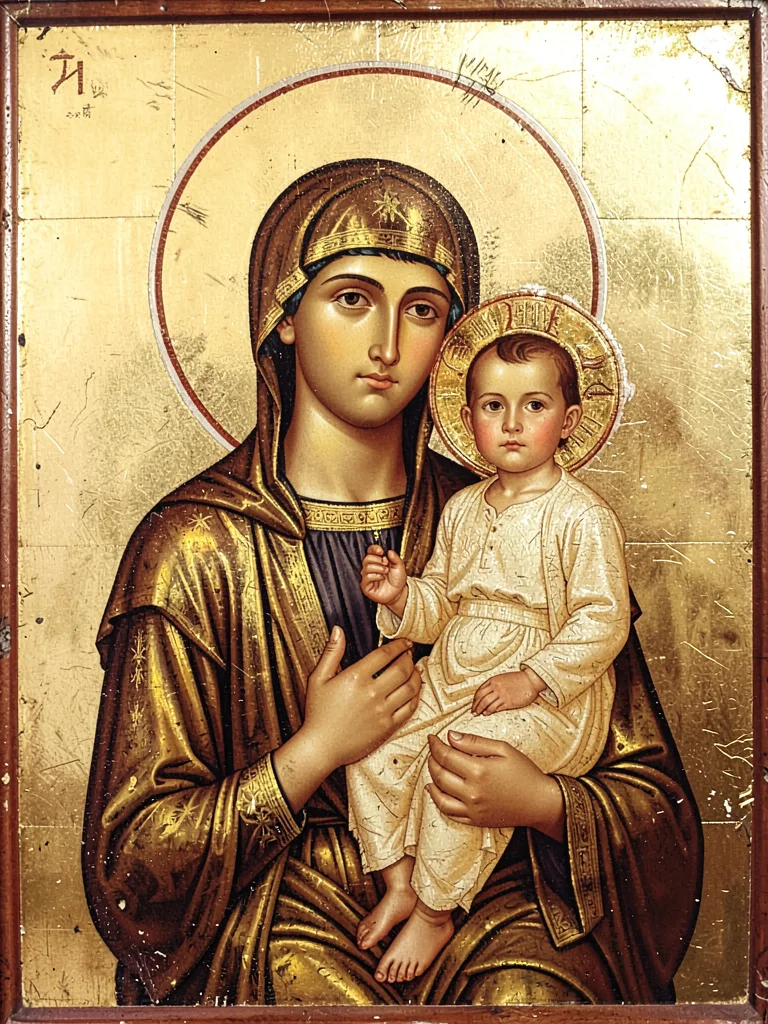 Mother and child in formal frontal pose, gold leaf background
