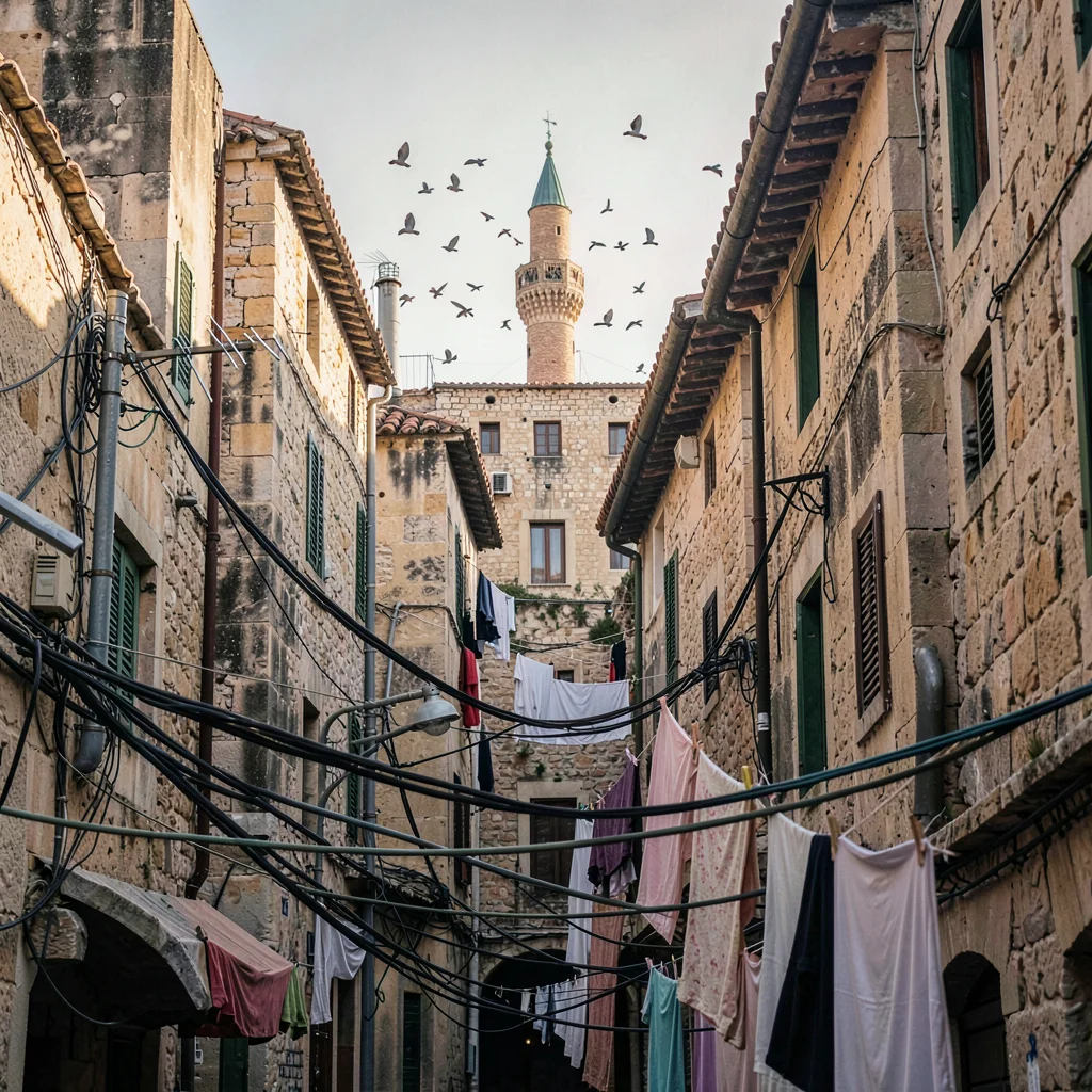 Historic medina photography, labyrinthine old city, The minaret of a mosque visi
