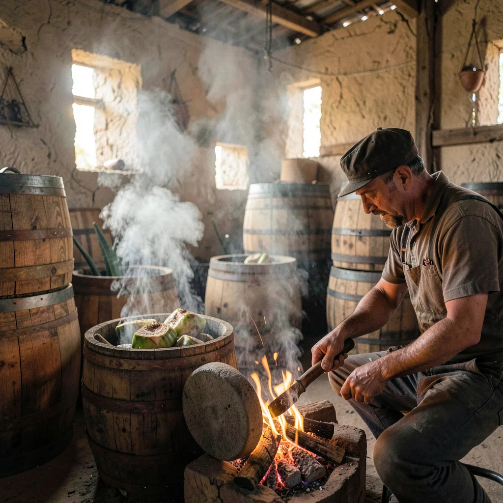 Oaxacan mezcal process, palenque atmosphere, Stacked wooden barrels in a rustic 