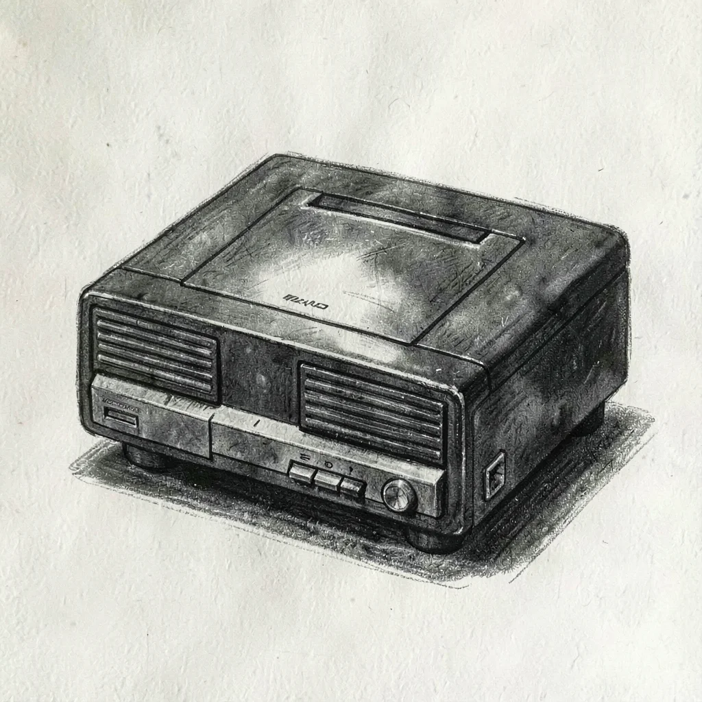 Editorial charcoal of a top-loading VCR with a tape mid-eject, deep blacks fadin