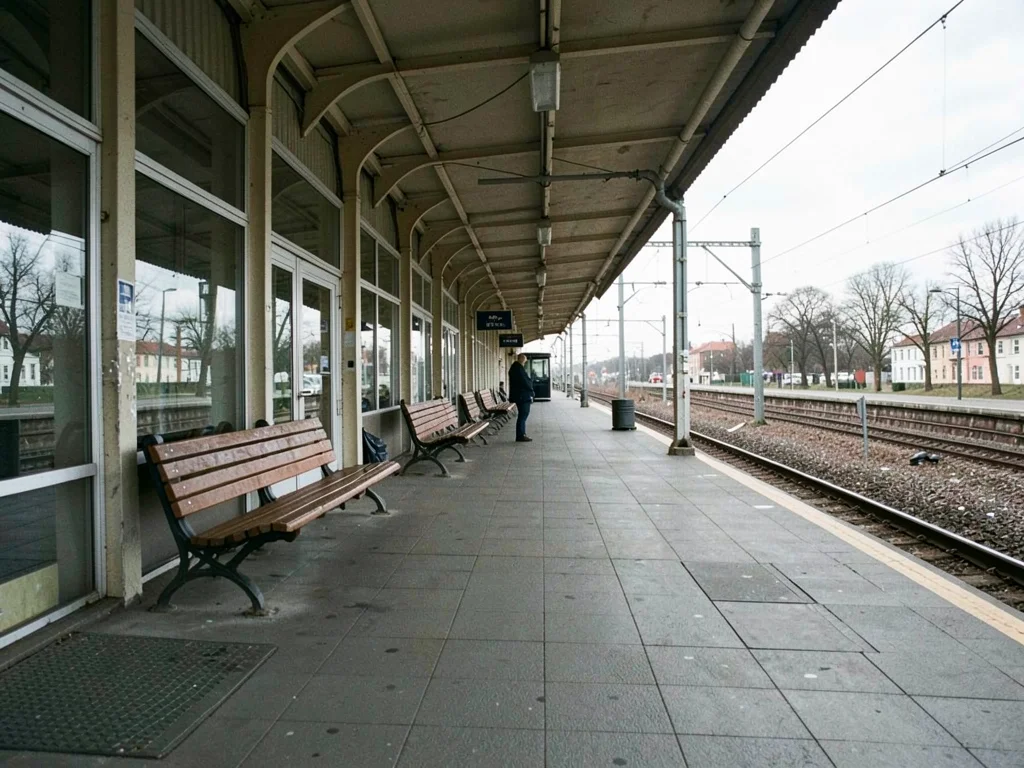Person waiting at empty train platform, benches stretching both directions, the 
