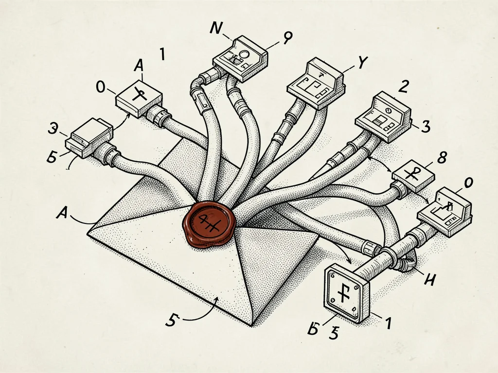 Pen-and-ink isometric diagram of a single envelope splitting into branching tube
