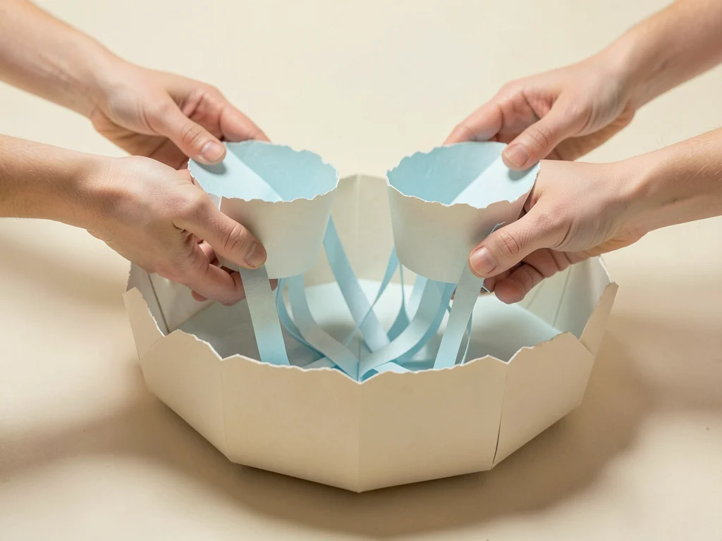 A wide papercraft fountain made of soft-folded paper basins, water suggested by 