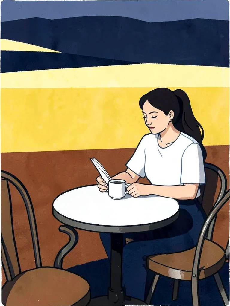 Woman reading at a round café table, flat fields of yellow, rust, and deep navy