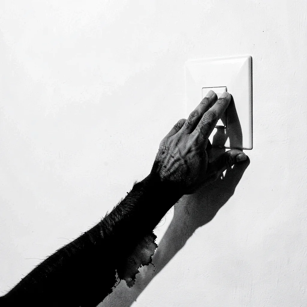 Stark minimalist composition, high contrast black and white tones, A hand reachi