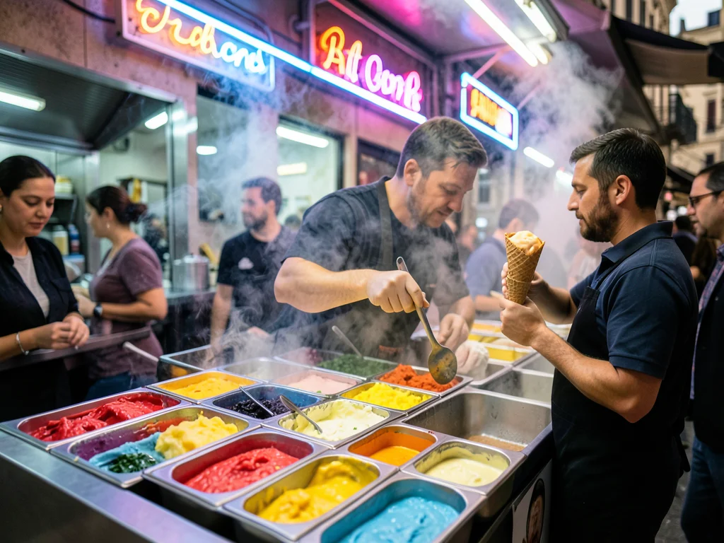 A gelato counter in Rome, steel containers of vibrant flavors in rows, the serve