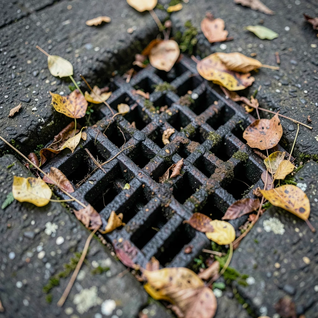 Grimy drain grate with leaf debris as composition study