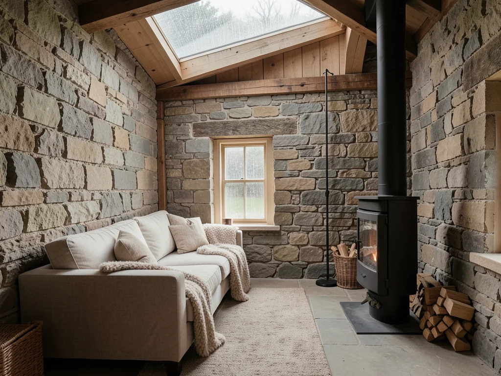 Converted barn living space with exposed stone walls, low linen sofa, wool throw