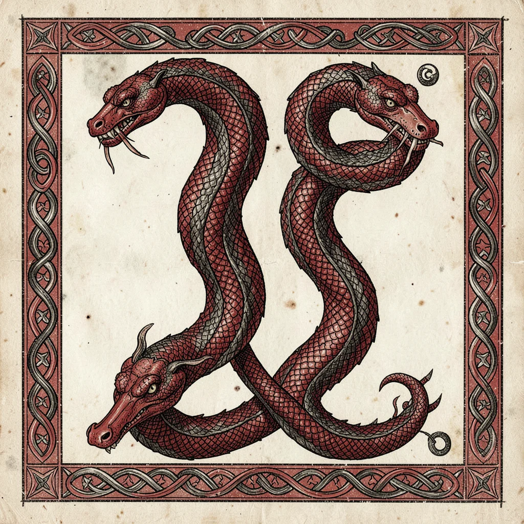 Zoomorphic initial letter built from intertwined serpent bodies biting their own