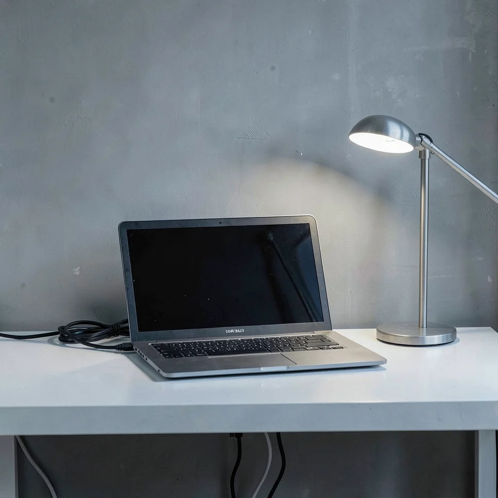 Stark Baltic minimalism, contemplative mood, Single laptop on clean white desk a