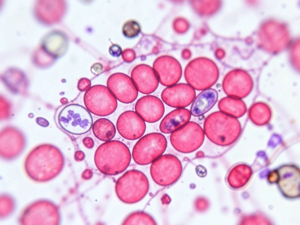 Blood smear at oil immersion, red blood cells as pink biconcave discs with occas