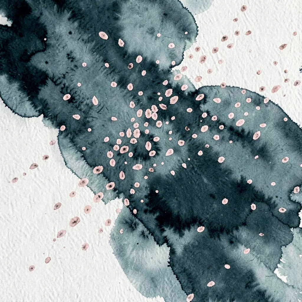 A diagonal scatter of seed-marks falls across the canvas in pale rose against de