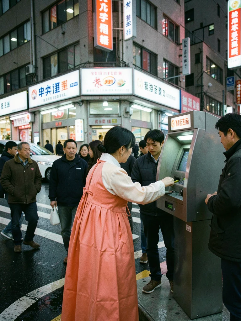Person in coral hanbok using ATM machine on busy street corner