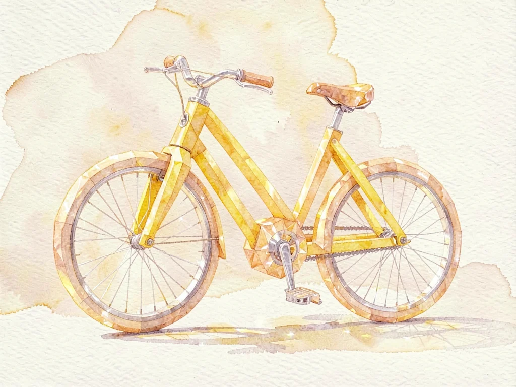 Solid citrine lowpoly bicycle with a faceted yellow frame and slim crystalline w