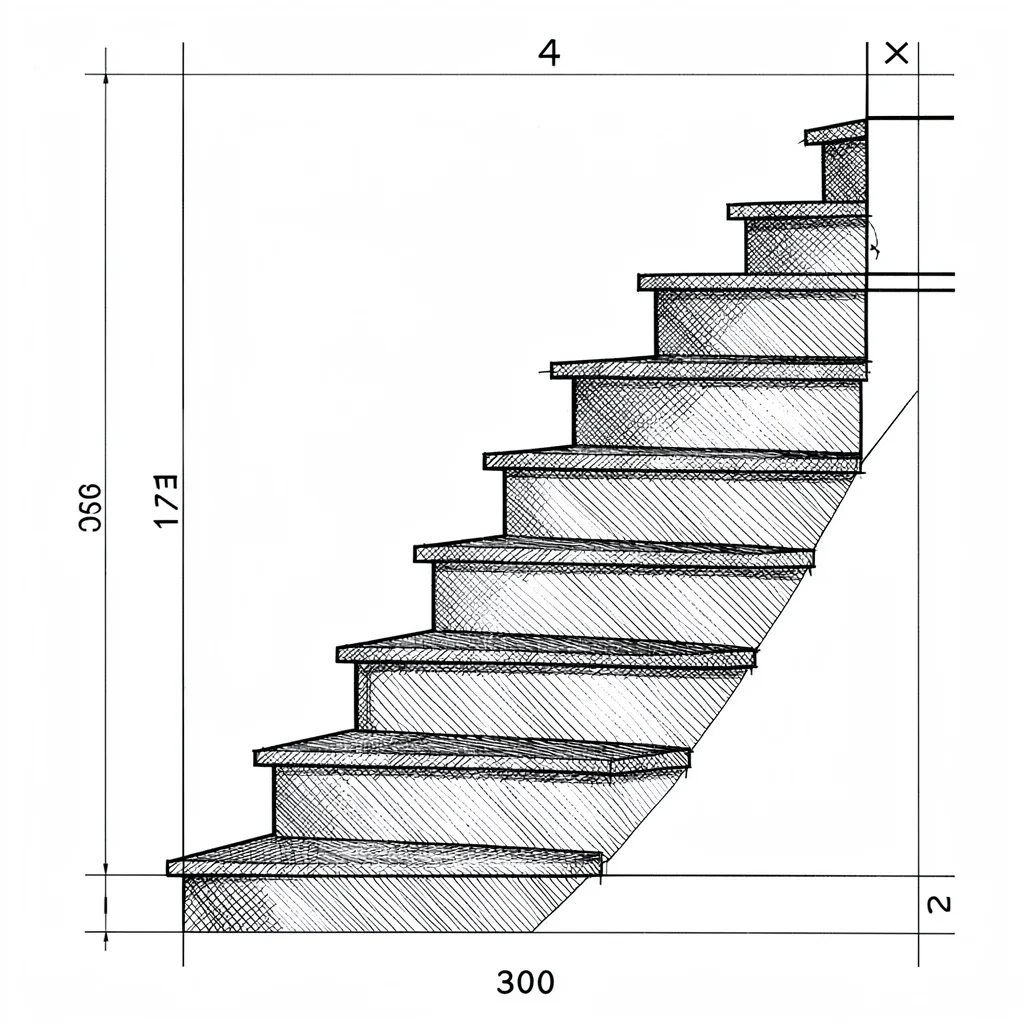Technical drawing sidebar of a stair detail in fine ink, hatched shading on the 