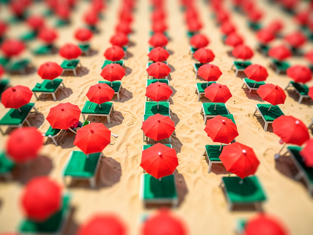 Just above the dunes tilt-shift photograph from a crane lift, saturated cherry p