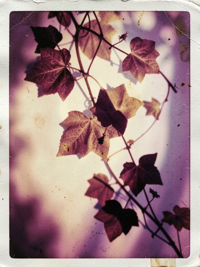 Ivy vine arrangement, leaves overlapping, hours of sun creating depth through ex