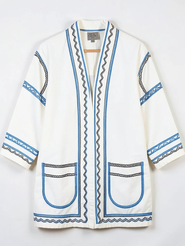 Complete Ainu coat hung flat — full garment showing all embroidery bands front v