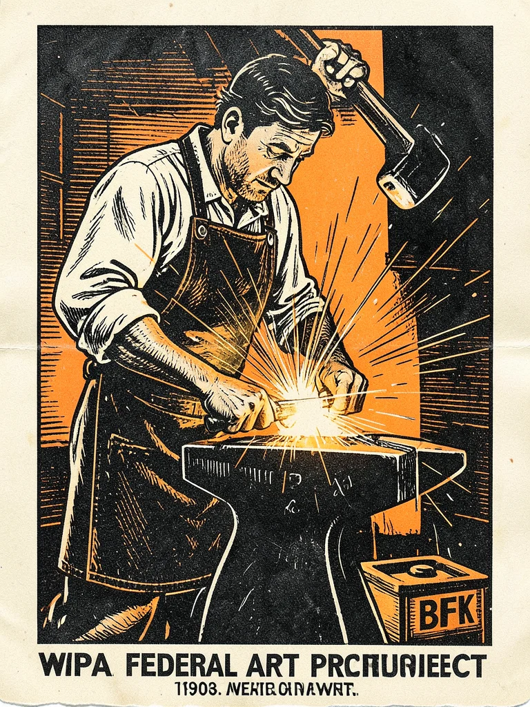 A blacksmith at an anvil, sparks flying from the hammer strike, the forge glowin