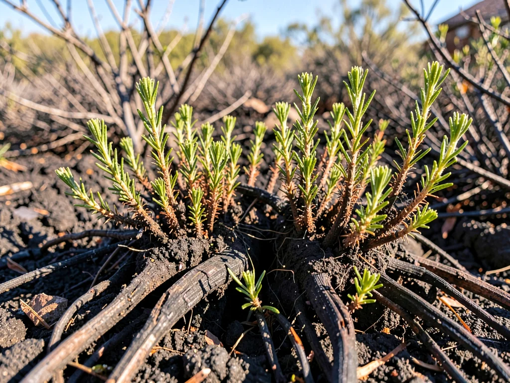 Mediterranean herbs resprouting from charred roots