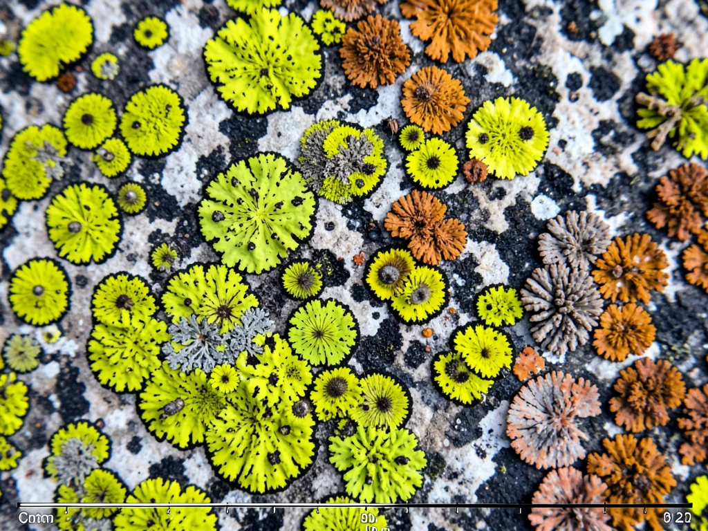 Crustose lichen on granite, bright chartreuse circles with dark borders expandin