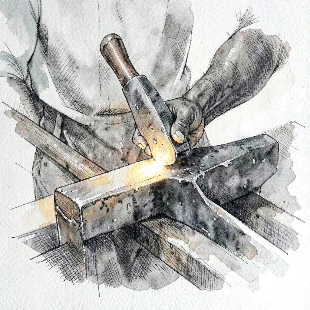 Pen-ink scene of a blacksmith's hands hammering a glowing bar, hatched shadows
