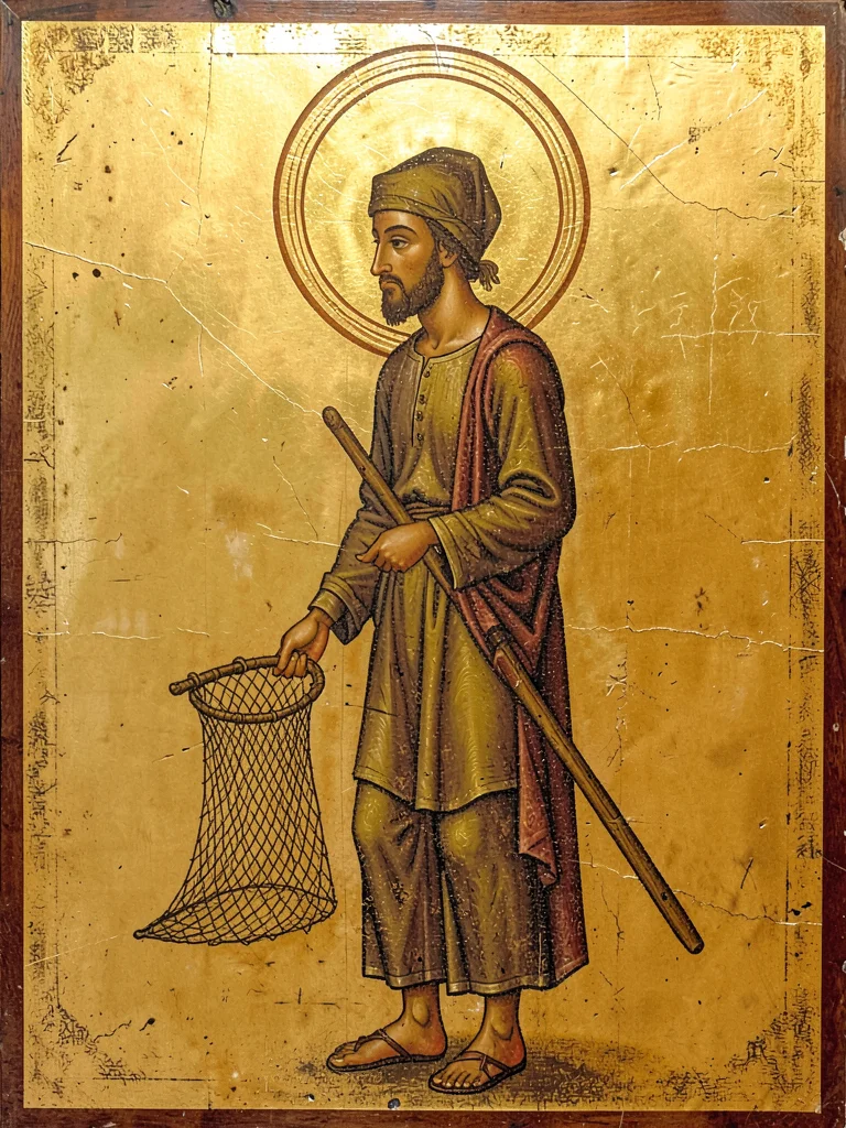 Fisherman standing in profile holding a net, halo of concentric gold rings