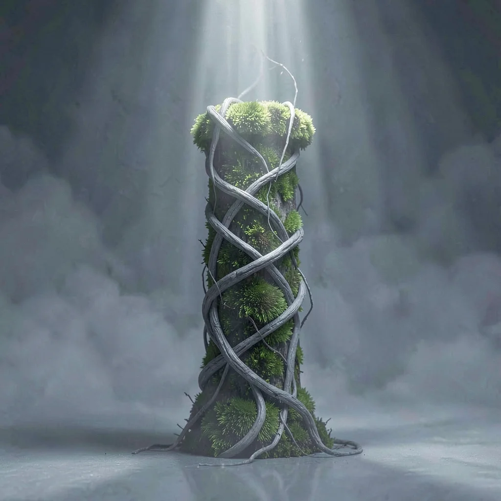 Tall side-panel box illustration of a single mossy column embraced by climbing g