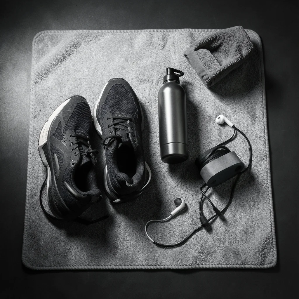 Workout flat lay: sneakers, water bottle, earbuds, towel, resistance band on gre