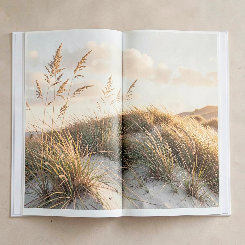 Inside spread of a marram-grass dune crest at golden hour, illustrated in soft b