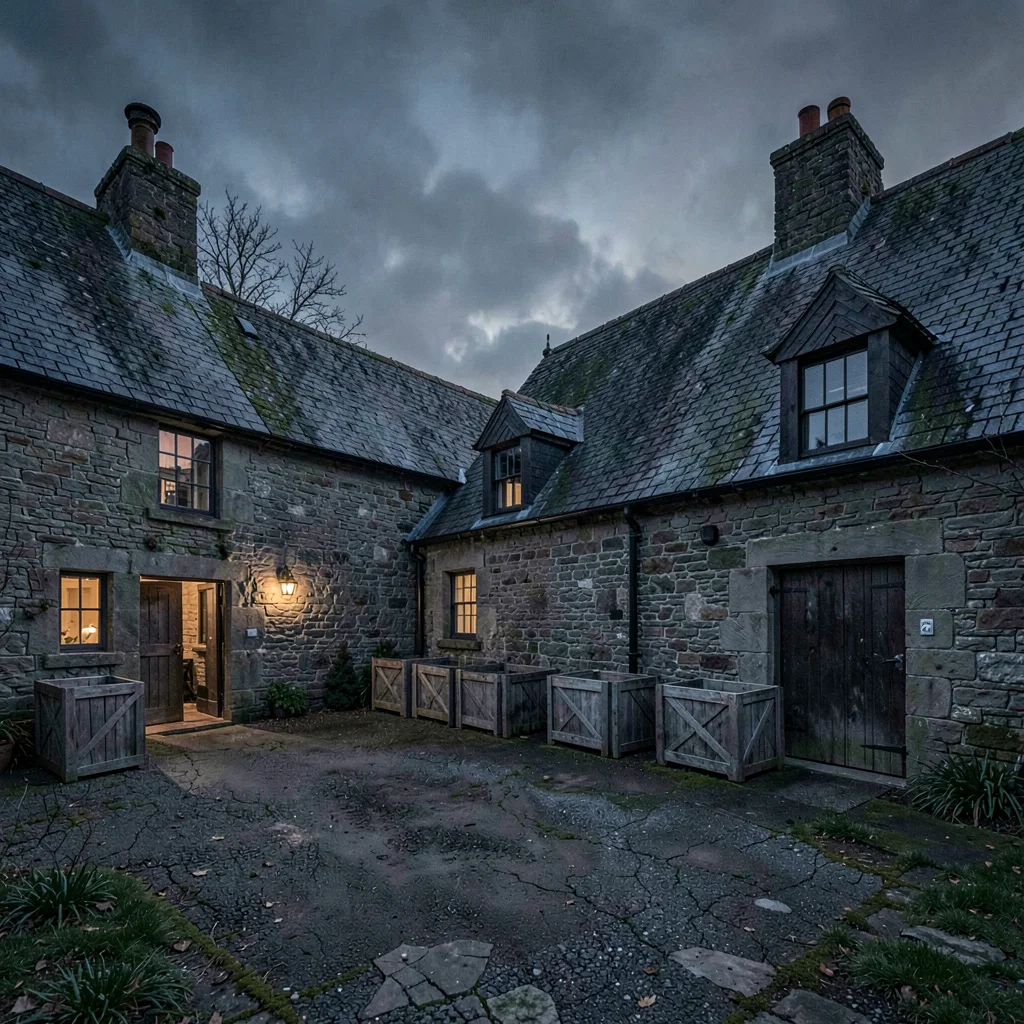 A stone farmhouse courtyard at dusk, a row of empty wooden crates against a tile
