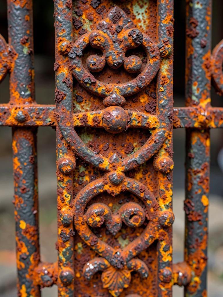 Iron gate with elaborate rust patterns, oxidation as ornamentation