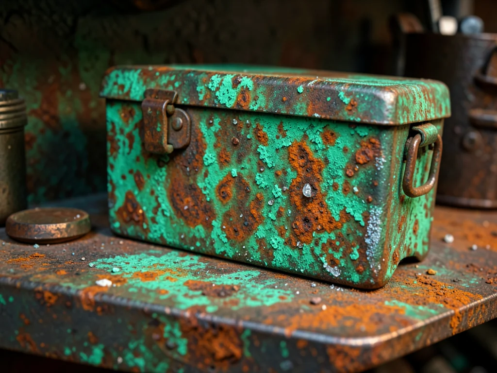 Weathered copper toolbox with years of verdigris, workshop shelf