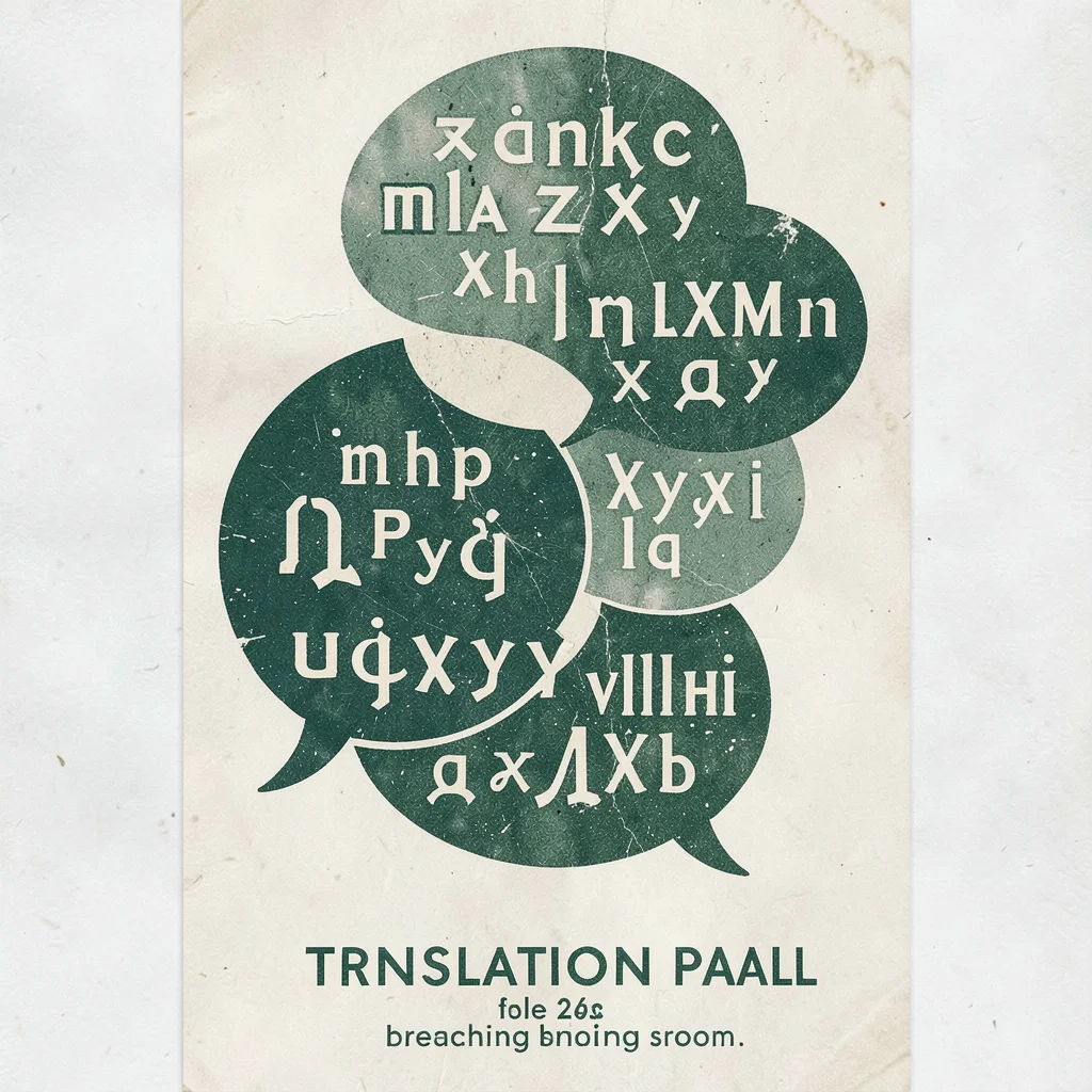 Screenprinted flyer for a translation panel, two-color palette of forest green a