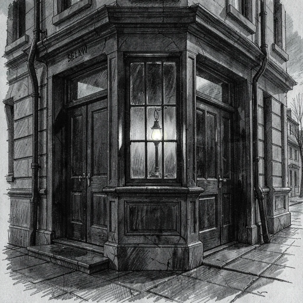 Charcoal-mood storefront of a Victorian-era specialist shop at twilight, dark mu
