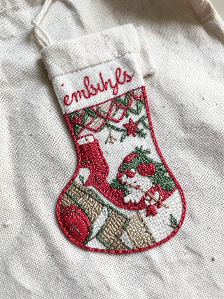 Embroidered Christmas stocking with name in red thread, detailed scene