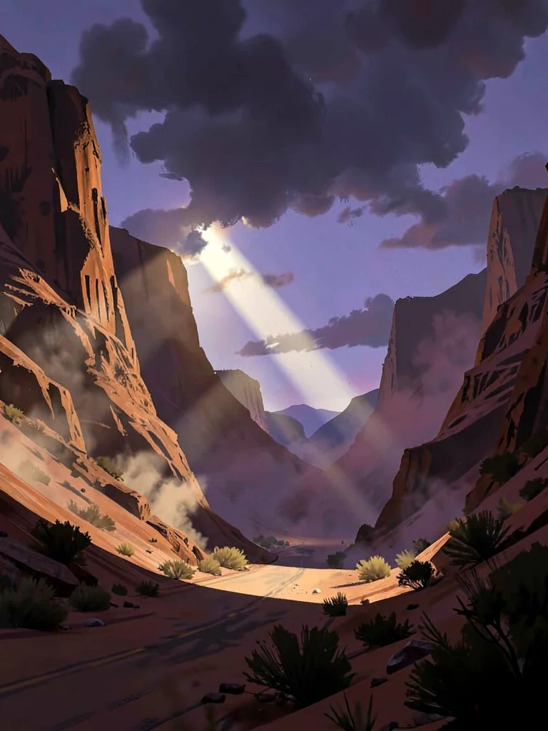 Twilight desert mountain pass with a stormy sun shaft through dust, warm rust on