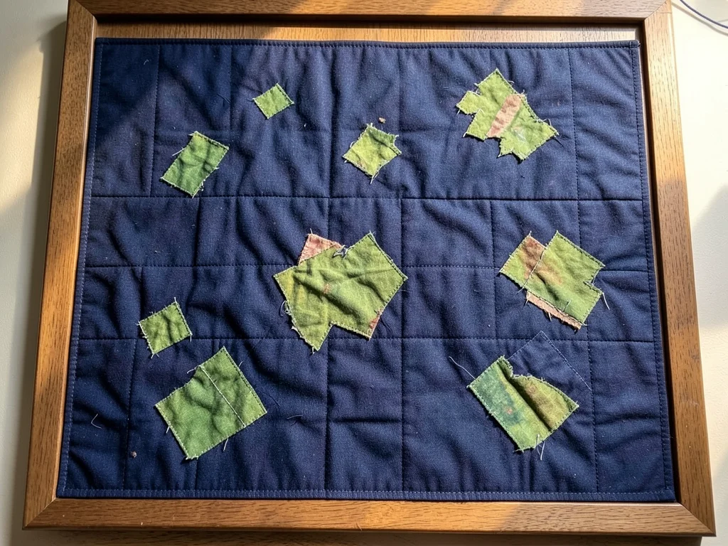 An archipelago of islands as scattered green fabric scraps on indigo ocean cloth