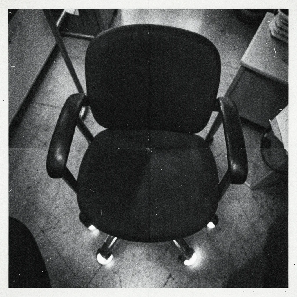 An office chair shot from above, re-copied until the chrome wheels become glowin