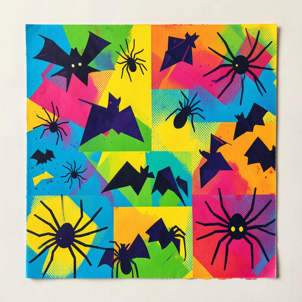 Halloween party decorations in Memphis design, geometric bats, squiggle spiders