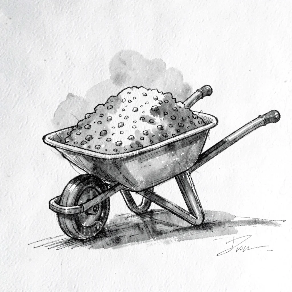 Pen-and-ink illustration of a wheelbarrow tipping a load of base aggregate, sket
