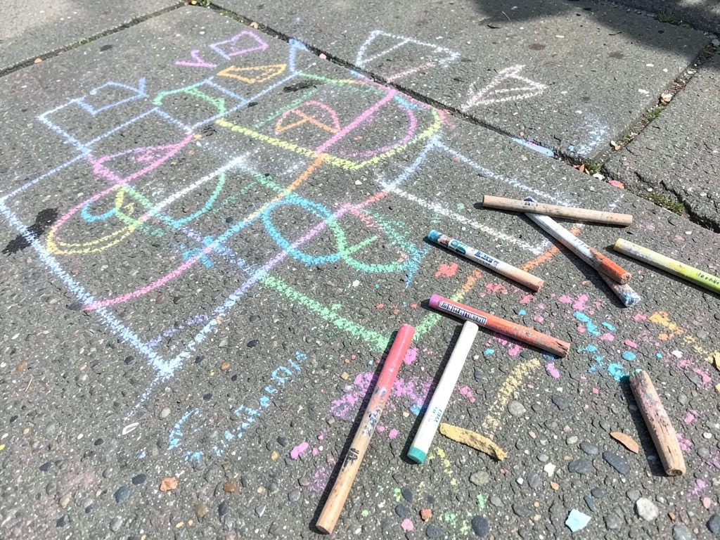 Colored chalk scattered beside a completed drawing, the sticks worn to different