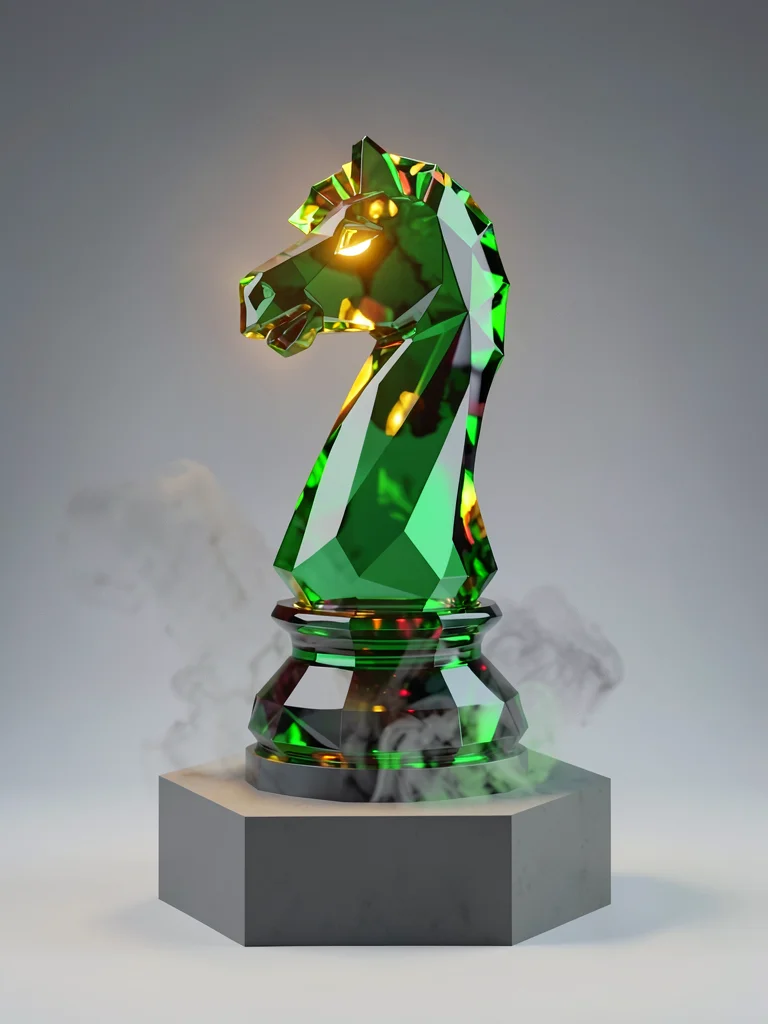Emerald glass chess knight standing tall on a smoke-gray plinth with a single wa