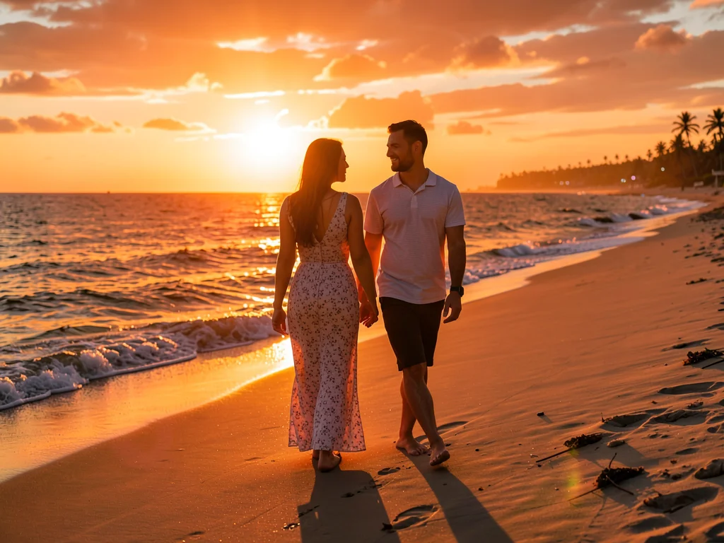 Couple walking beach at sunset