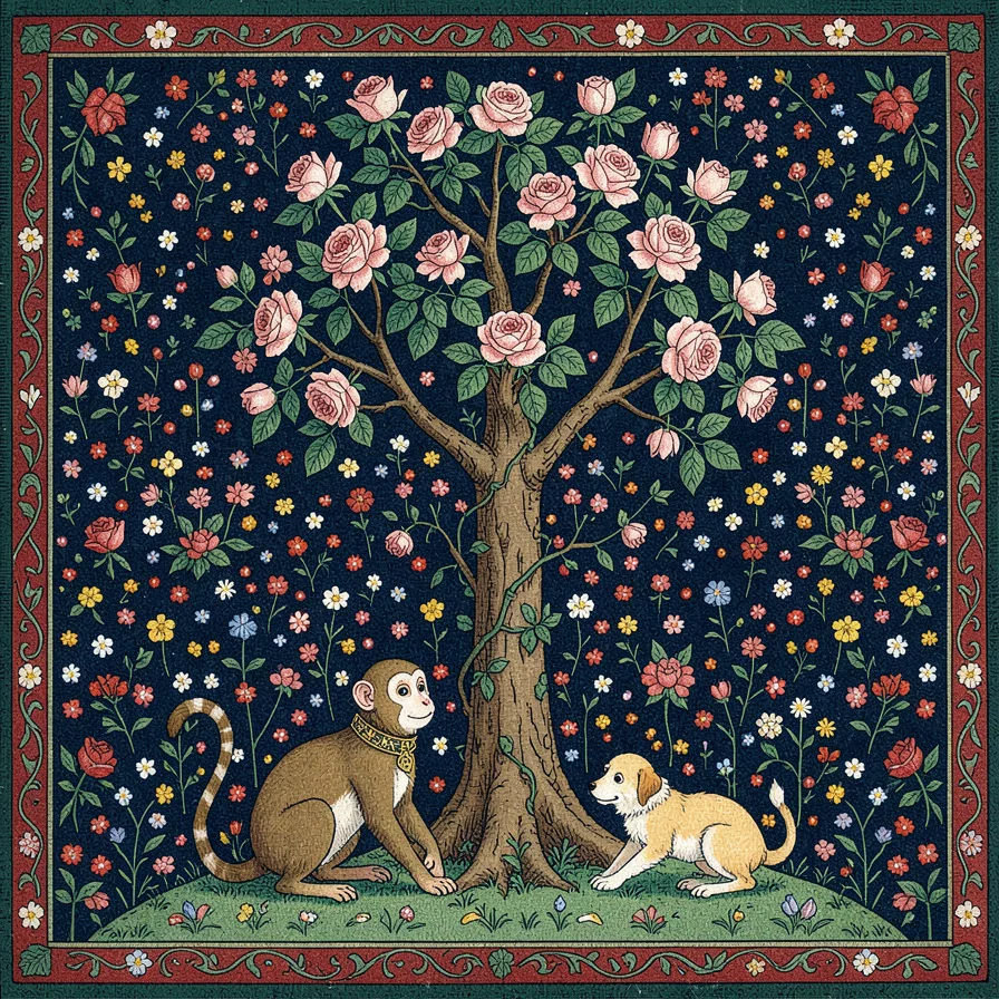 Monkey and Dog at Flowering Rose Tree