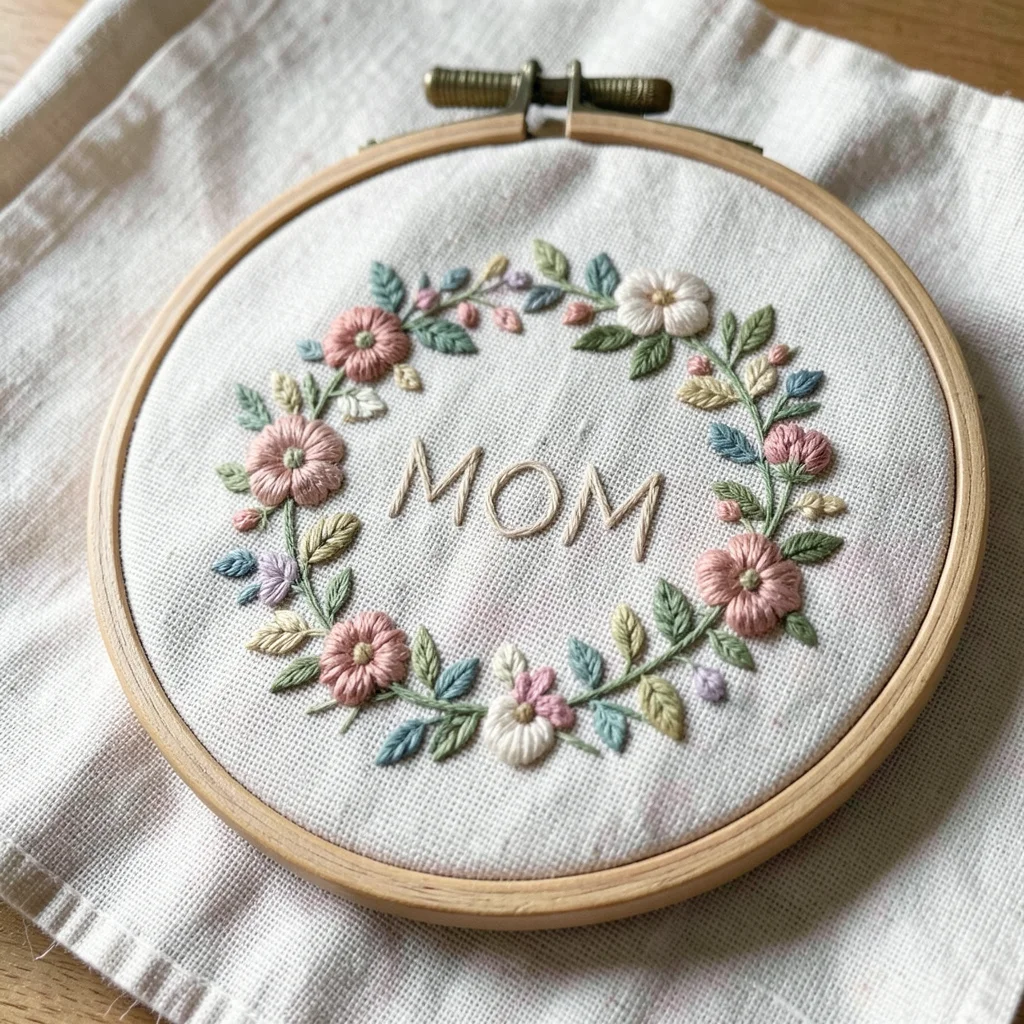 Embroidered floral wreath on linen with "MOM" in center, hoop frame