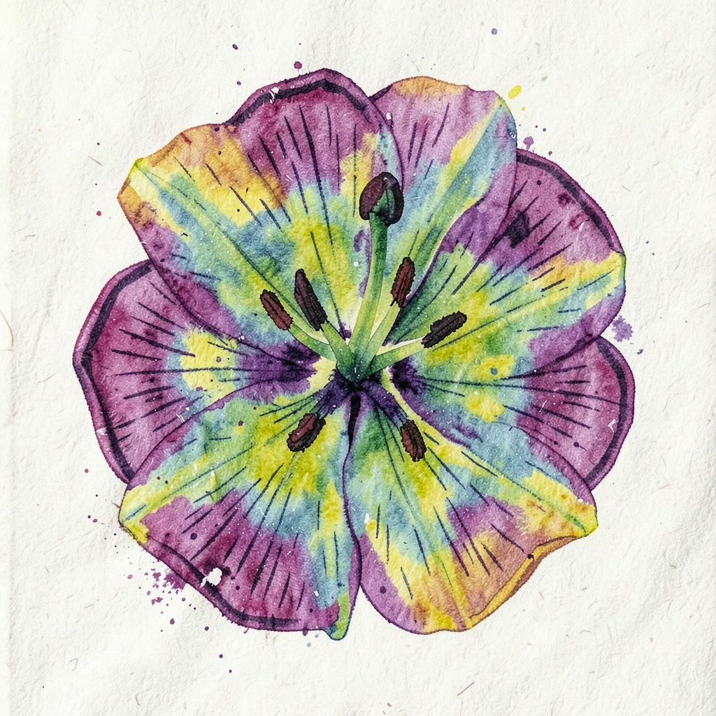 Close-up of a single lily cross-section — stamen and petal structure as flat col