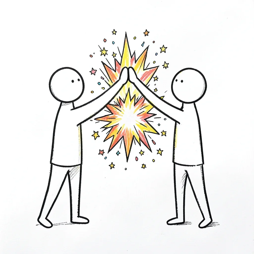 Two stick figures high-fiving with an explosion of stars and confetti between th